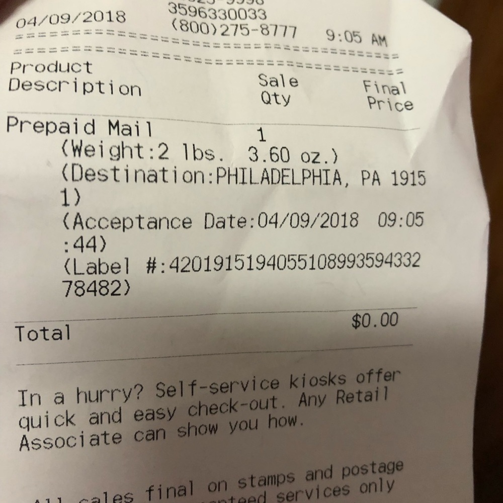 Receipt for return shoes